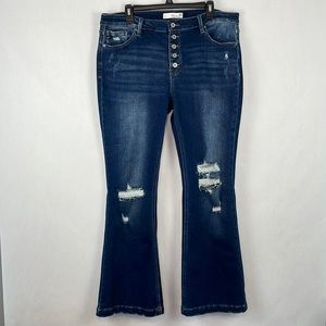 Kancan Jeans. Downey Distressed Mid Rise Button Fly Flare Jeans. Size 34.